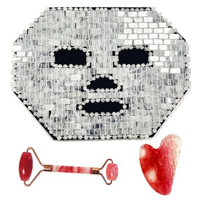 Clear Quartz Mask Jade Sleeping Mask Natural Jade women Skincare Massage Tool Set Include Jade Facial Mask, Jade Eyemask, Jade Roller, Gua ShaCold Therapy Beauty Tool