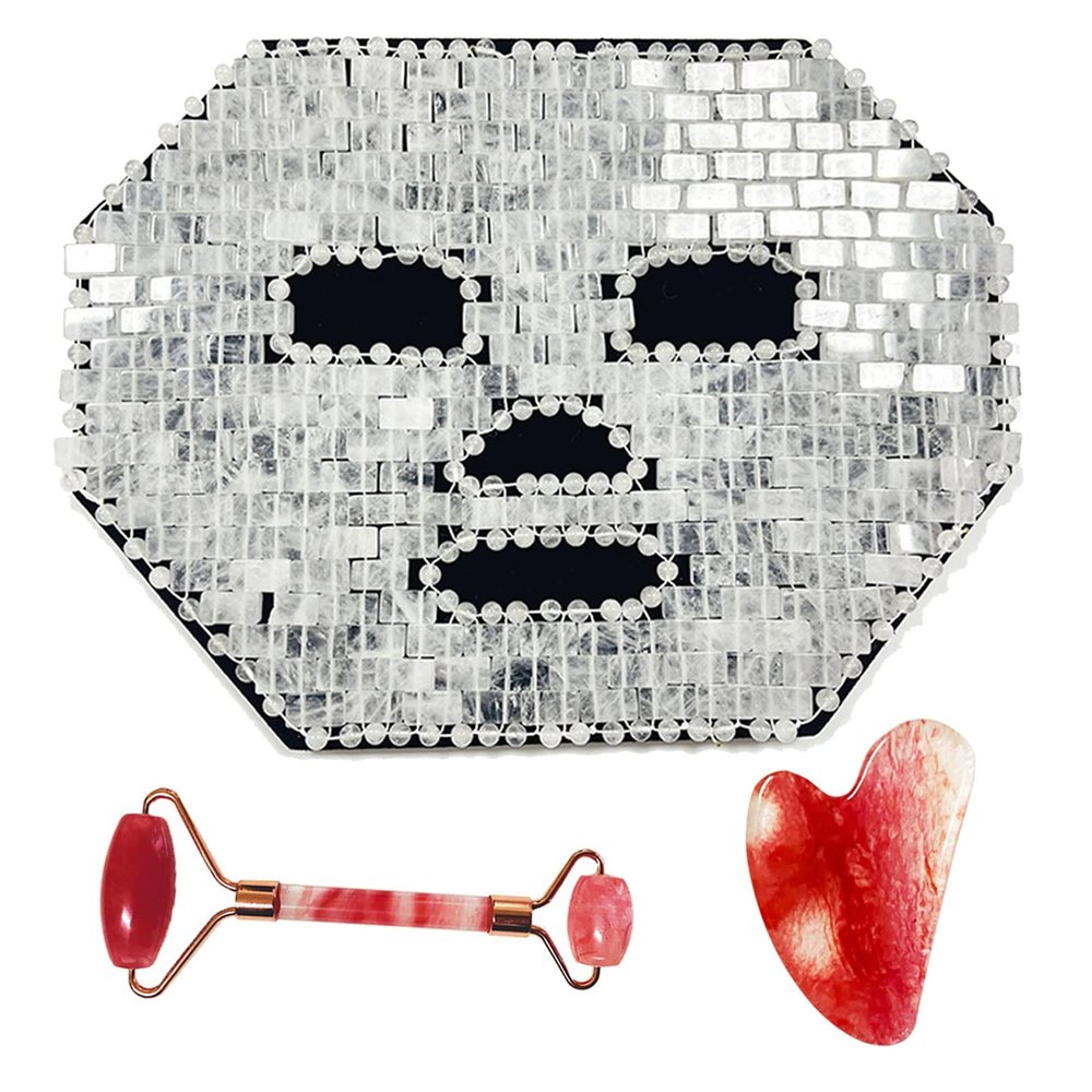Clear Quartz Mask Jade Sleeping Mask Natural Jade women Skincare Massage Tool Set Include Jade Facial Mask, Jade Eyemask, Jade Roller, Gua ShaCold Therapy Beauty Tool