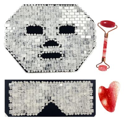 Clear Quartz Mask Jade Sleeping Mask Natural Jade women Skincare Massage Tool Set Include Jade Facial Mask, Jade Eyemask, Jade Roller, Gua ShaCold Therapy Beauty Tool