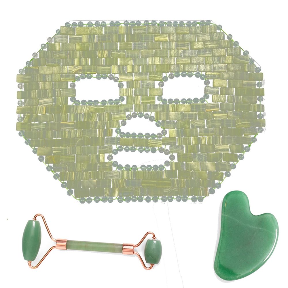 Jade Facial Mask Aventurine Quartz Mask Set Natural Jade Stone Anti-aging Sleeping Mask Beauty Skincare Massage Tool for Puffy Eyes Dark Circles Face Caring (Color : Green, Size : 3 PCS)