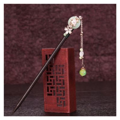 GRETD Hanfu Headdress Chinese Style Ancient Costume Hairpin Wooden Imitation Jade Flower Tassel Step Rocking Girl Hair Stick (Color : A, Size : 18cm)