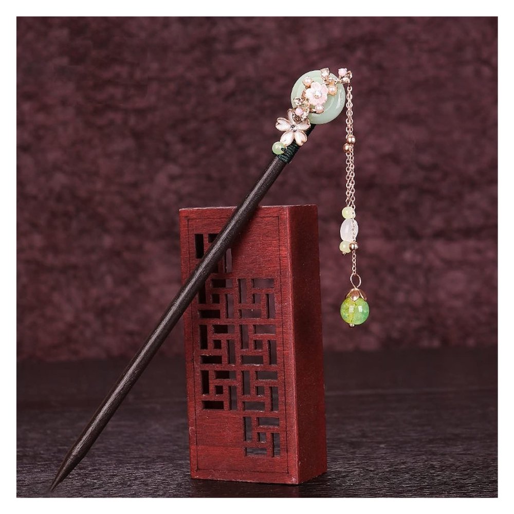 GRETD Hanfu Headdress Chinese Style Ancient Costume Hairpin Wooden Imitation Jade Flower Tassel Step Rocking Girl Hair Stick (Color : A, Size : 18cm)