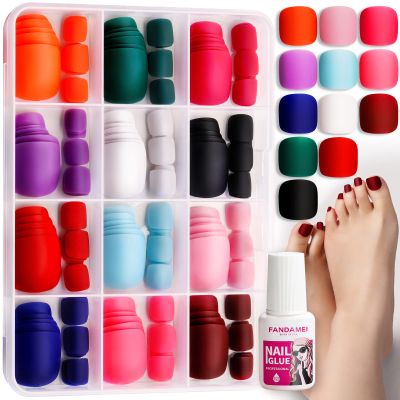 FANDAMEI Press on Toe Nails, 12 Packs 288PCS Press on Toenails Short Square, Fake Toe Nails Full Cover Acrylic False 12 Color Matte. Toenails for Women Girls Nail Art DIY