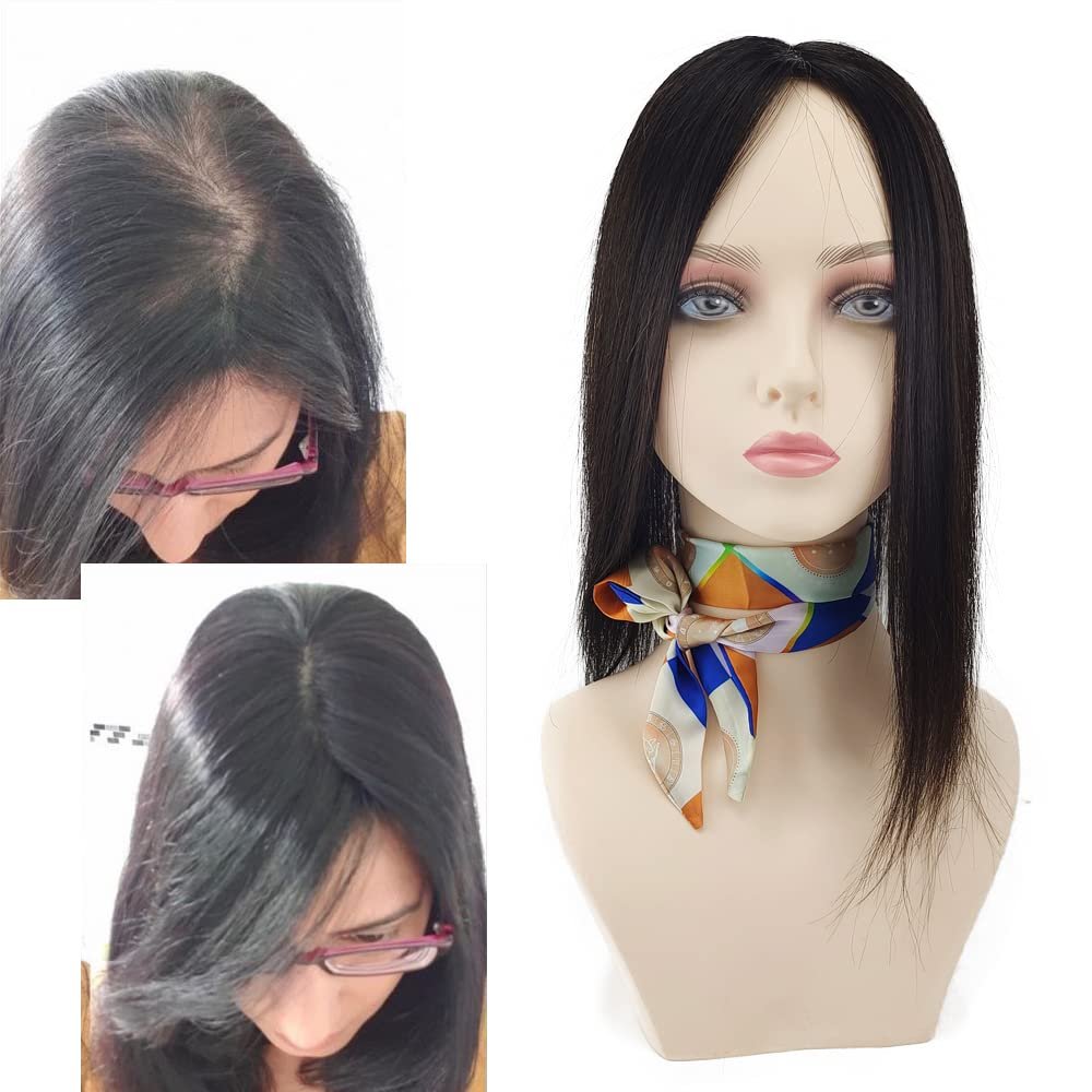 9x14cm Clips In Silk Skin Base Toupee For Women Breathable 100% Remy Virgin Human Hair Topper for Thin Hair Free Part Hairpieces (16inch, 1B Natural Black)