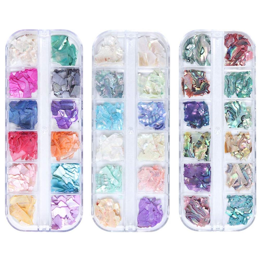 Kichvoe DIY Manicure Charm Pack 12 Grids of Nails Glitter Patches Shell Flakes Stickers for Women Girls Nails Charms for Home Salon Use