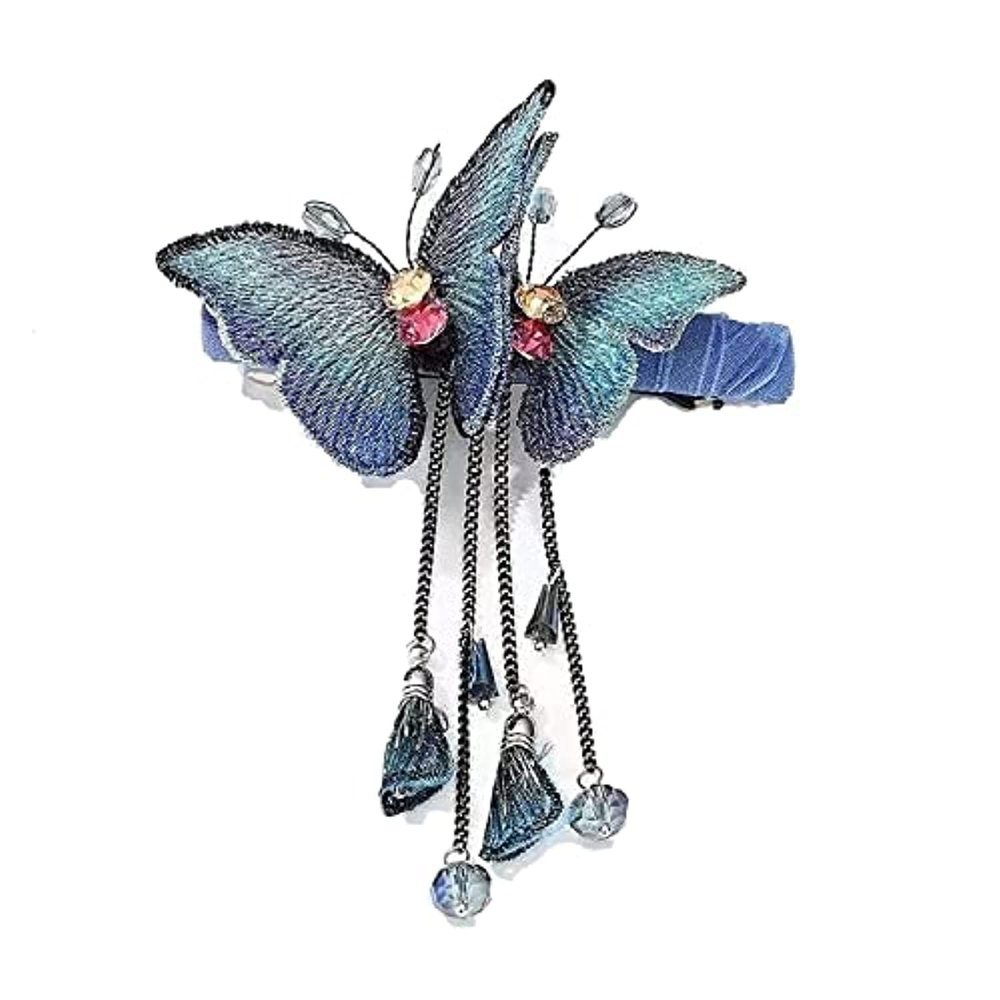 RTcald Temperament Butterfly Rhinestone Tassel Hair Clip, Fantasy Tassel Butterfly Exquisite Hairpin (Blue)