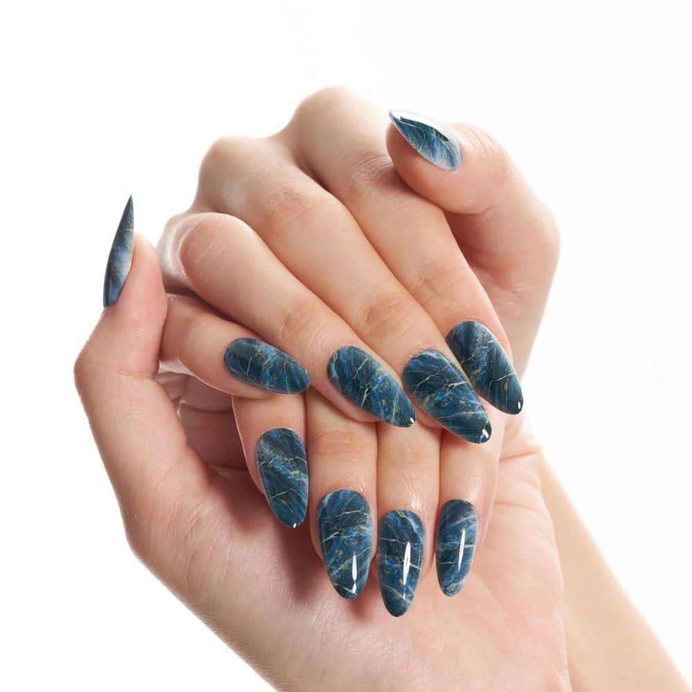 GLAMERMAID Dark Green Marble Press on Nails Medium Almond, Dark Blue Ombre Gel Glue on Nail, Deep Green Short Stiletto Reusable UV Finish Emo Fake Nail, Acrylic Oval False Nails Manicure Kit for Women