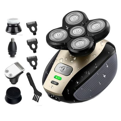Rotary Electric Shaver for Men 4D USB Rechargeable Bald Head Hair Beard Trimmer Razor Grooming Kit 5 in 1 Waterproof Clippers, Nose Trimmer, Brush, Massager, Gold, 450.0 grams