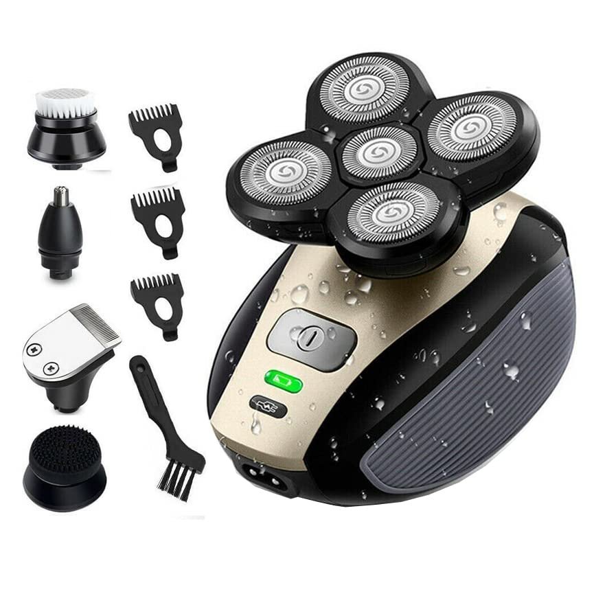 Rotary Electric Shaver for Men 4D USB Rechargeable Bald Head Hair Beard Trimmer Razor Grooming Kit 5 in 1 Waterproof Clippers, Nose Trimmer, Brush, Massager, Gold, 450.0 grams