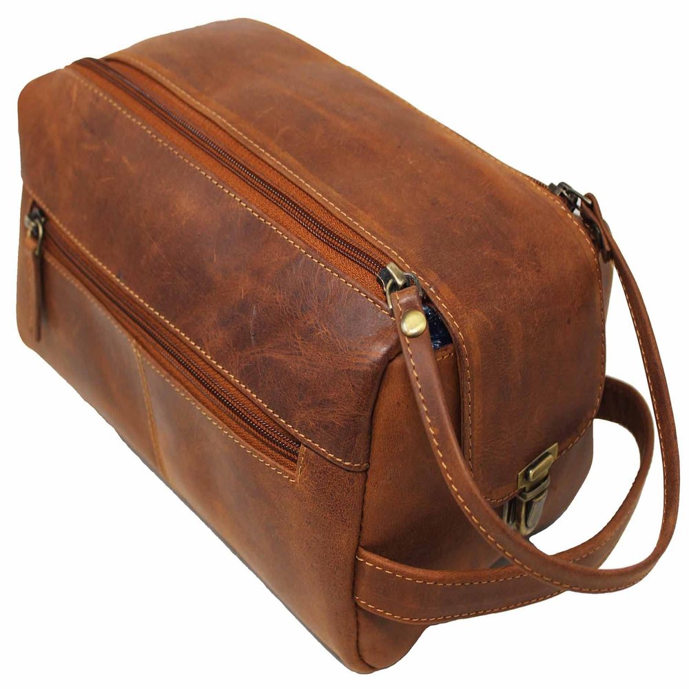 CHALLENGER Men's Handcrafted Full-Grain Distressed Tan Leather Travel Toiletry Dopp Shaving Kit Bag 18AXT01TN