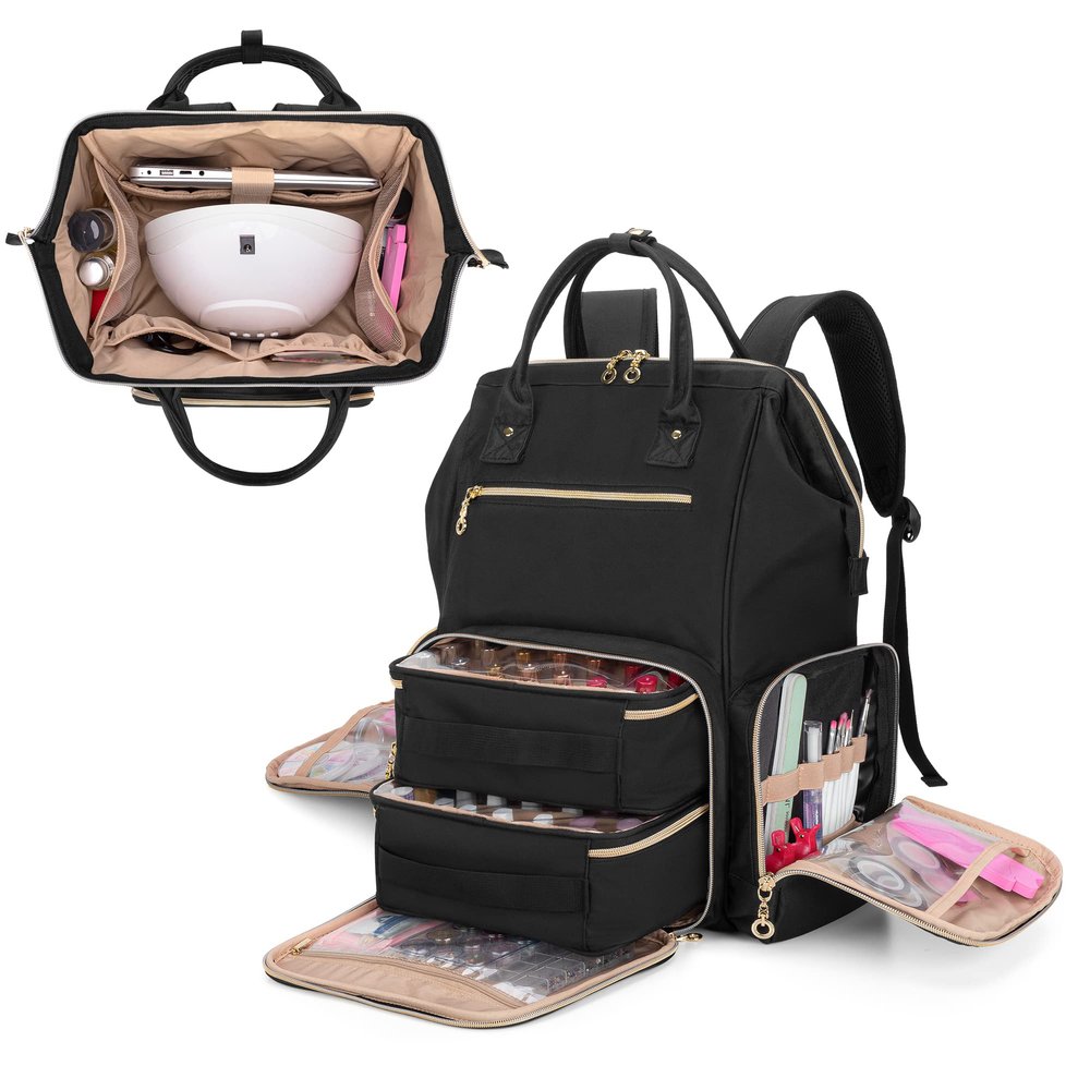 BAFASO Nail Polish Organizer Backpack Holds 56 Bottles and a Nail Lamp, Nail Polish Bag with 2 Removable Pouches and Tools Storage Sections (Patented Design), Black