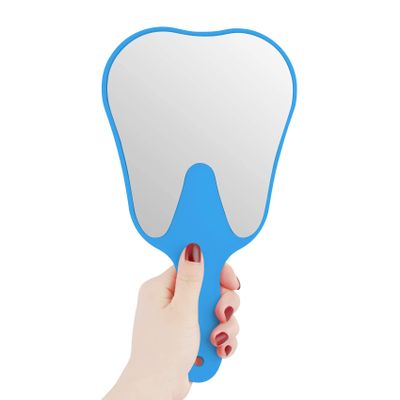 2 Pieces Tooth Shaped Handheld Mirror Cute Makeup Mirror Hand Held Plastic Dental Mirrors with Handle Cosmetic Hand Mirror for Women Men Girls and Kids (Blue)