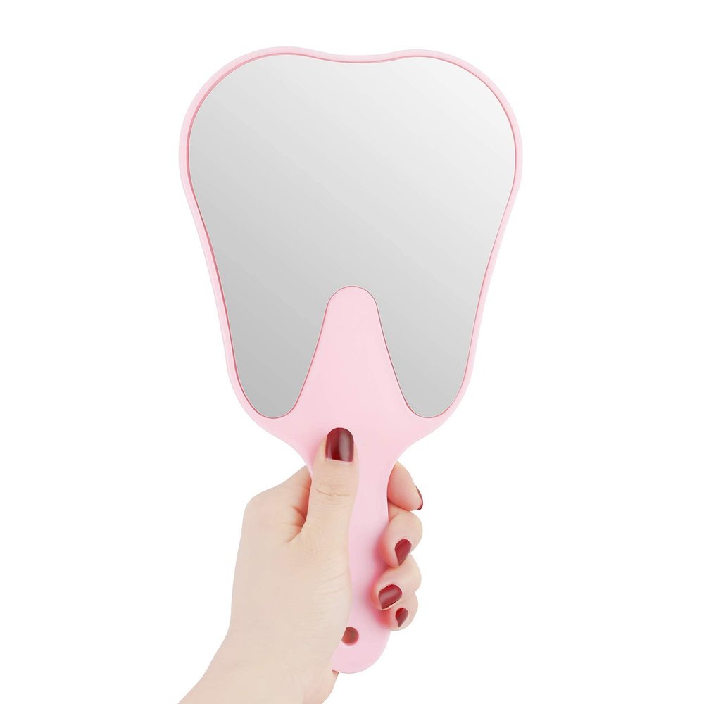 2 Pieces Tooth Shaped Handheld Mirror Cute Makeup Mirror Hand Held Plastic Dental Mirrors with Handle Cosmetic Hand Mirror for Women Men Girls and Kids (Pink)