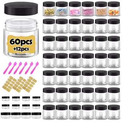 2 oz Plastic Containers with Lids 60pcs Plastic Jars with Lids + 3/5/10 Gram 12pcs Sample Containers Travel Jar Great for Lip Scrub,Body Butters,Cream,Lotion Labels & Spatulas (72 Pack)