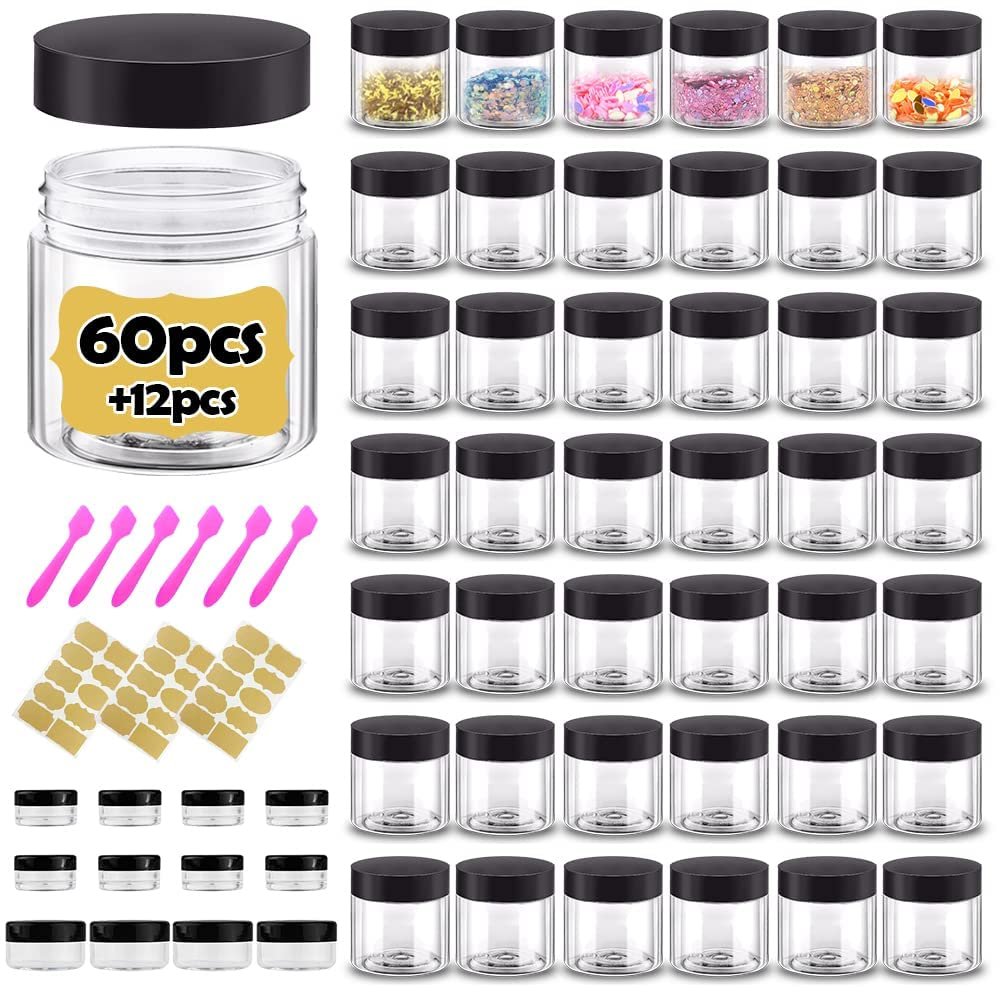 2 oz Plastic Containers with Lids 60pcs Plastic Jars with Lids + 3/5/10 Gram 12pcs Sample Containers Travel Jar Great for Lip Scrub,Body Butters,Cream,Lotion Labels & Spatulas (72 Pack)