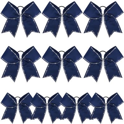 DEEKA 10 PCS 8" Rhinestones Large Cheer Hair Bows Glitter Cheer Ponytail Holder Handmade for Teen Girls Softball Cheerleader Sports -Navy