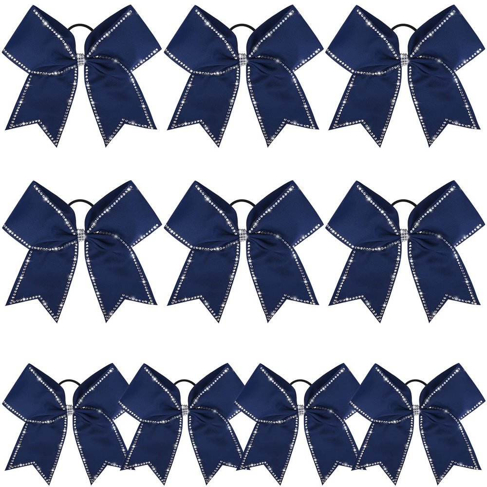 DEEKA 10 PCS 8" Rhinestones Large Cheer Hair Bows Glitter Cheer Ponytail Holder Handmade for Teen Girls Softball Cheerleader Sports -Navy