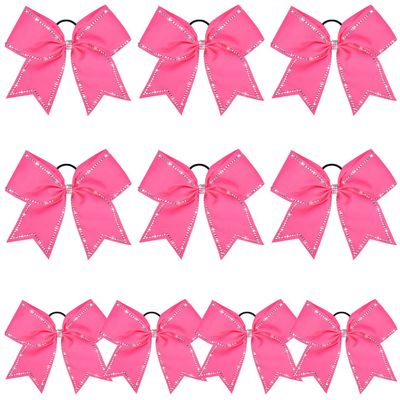 DEEKA 10 PCS 8" Rhinestones Large Cheer Hair Bows Glitter Cheer Ponytail Holder Handmade for Teen Girls Softball Cheerleader Sports -Hot Pink