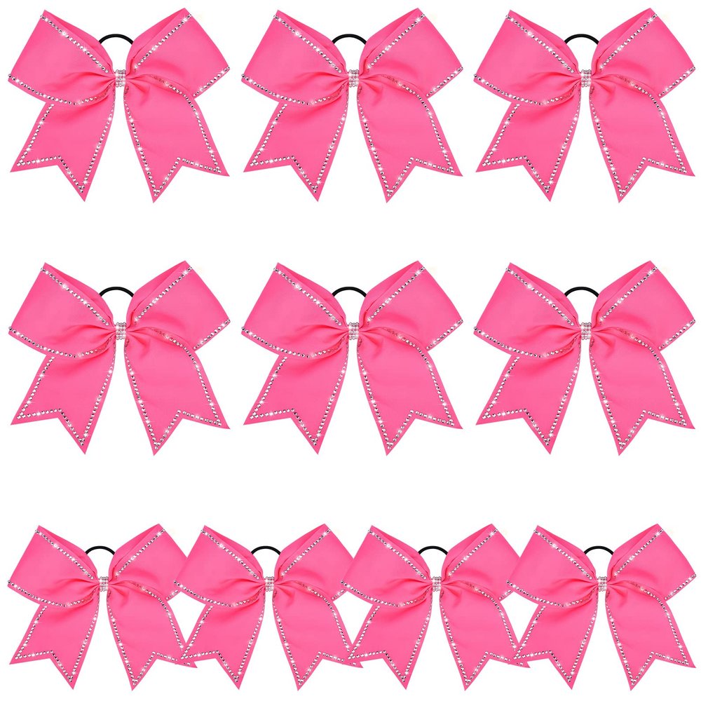 DEEKA 10 PCS 8" Rhinestones Large Cheer Hair Bows Glitter Cheer Ponytail Holder Handmade for Teen Girls Softball Cheerleader Sports -Hot Pink