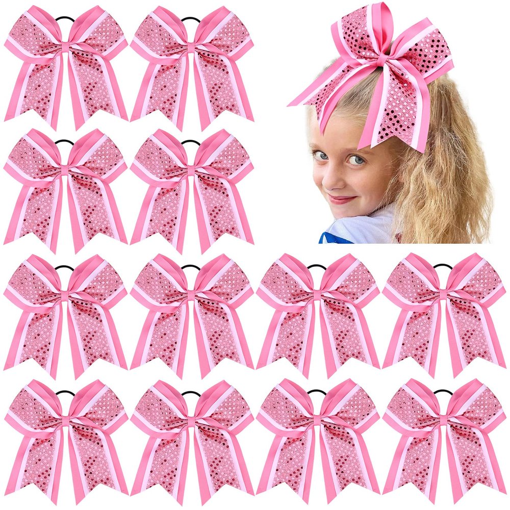 12 PCS 8" Large Glitter Cheer Bows Pink Girl Hair Bows Sparkly Cheerleading Softball Team Bow Hair Accessories for cheerleaders football Competition Sports