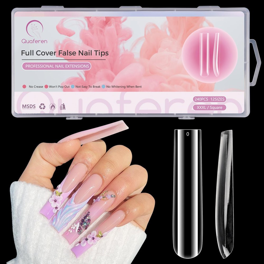 Clear Long Square Nail Tips: XXXL Extra Long Straight Tips Square for Acrylic Nails - Full Cover C Curve Acrylic Gel Nail Tips for Salon DIY Home Salon 240Pcs 12 Sizes