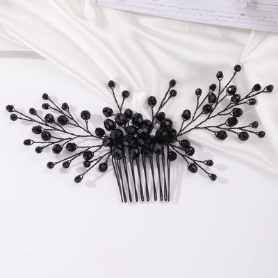 Missgrace Women Handmade Gothic Black Full Rhinestones Side Hair Comb Prom Party Special Occasion Punk Headpiece Rhinestones Hair Accessories