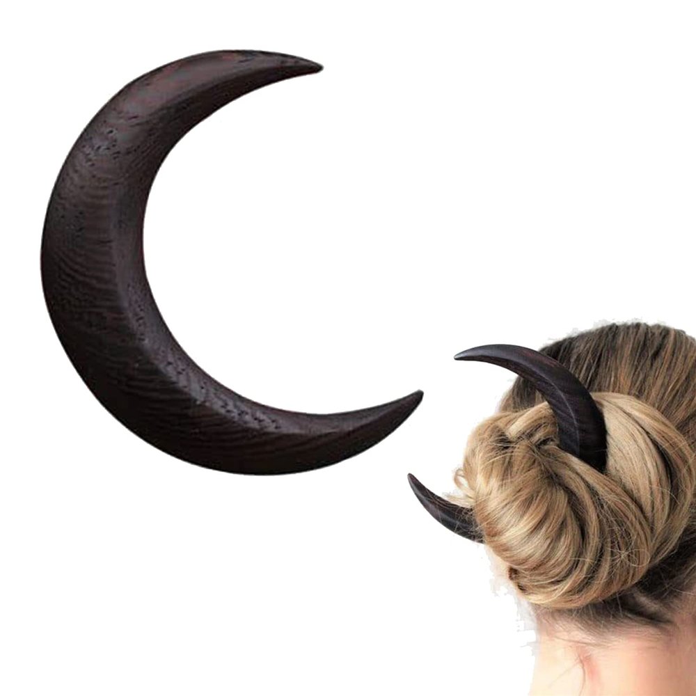 ZBLL Hand Carved Crescent Moon Hair Fork For Women, Wooden Barrettes, Hairpin, Stick Long Hair, Comb Thick Styling Tool Accessories (Small, Black), 1.0 Count