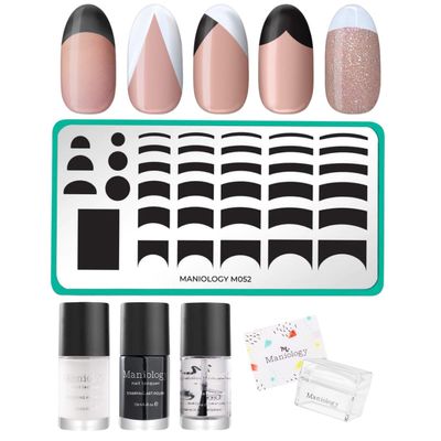 Maniology Pardon my French Nail Stamping Bundle, Easy and Simple Manicure (Plate, Polishes, Top Coat, Stamper and Scraper Card)