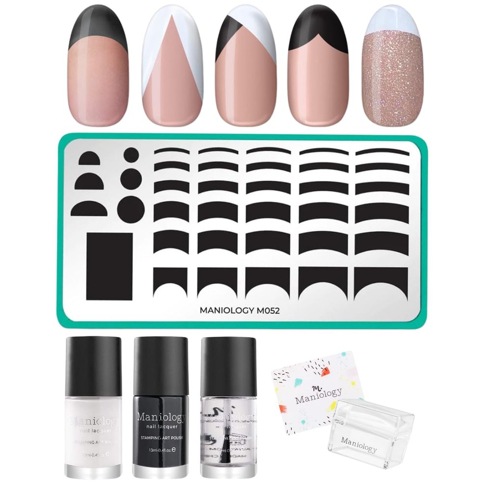 Maniology Pardon my French Nail Stamping Bundle, Easy and Simple Manicure (Plate, Polishes, Top Coat, Stamper and Scraper Card)