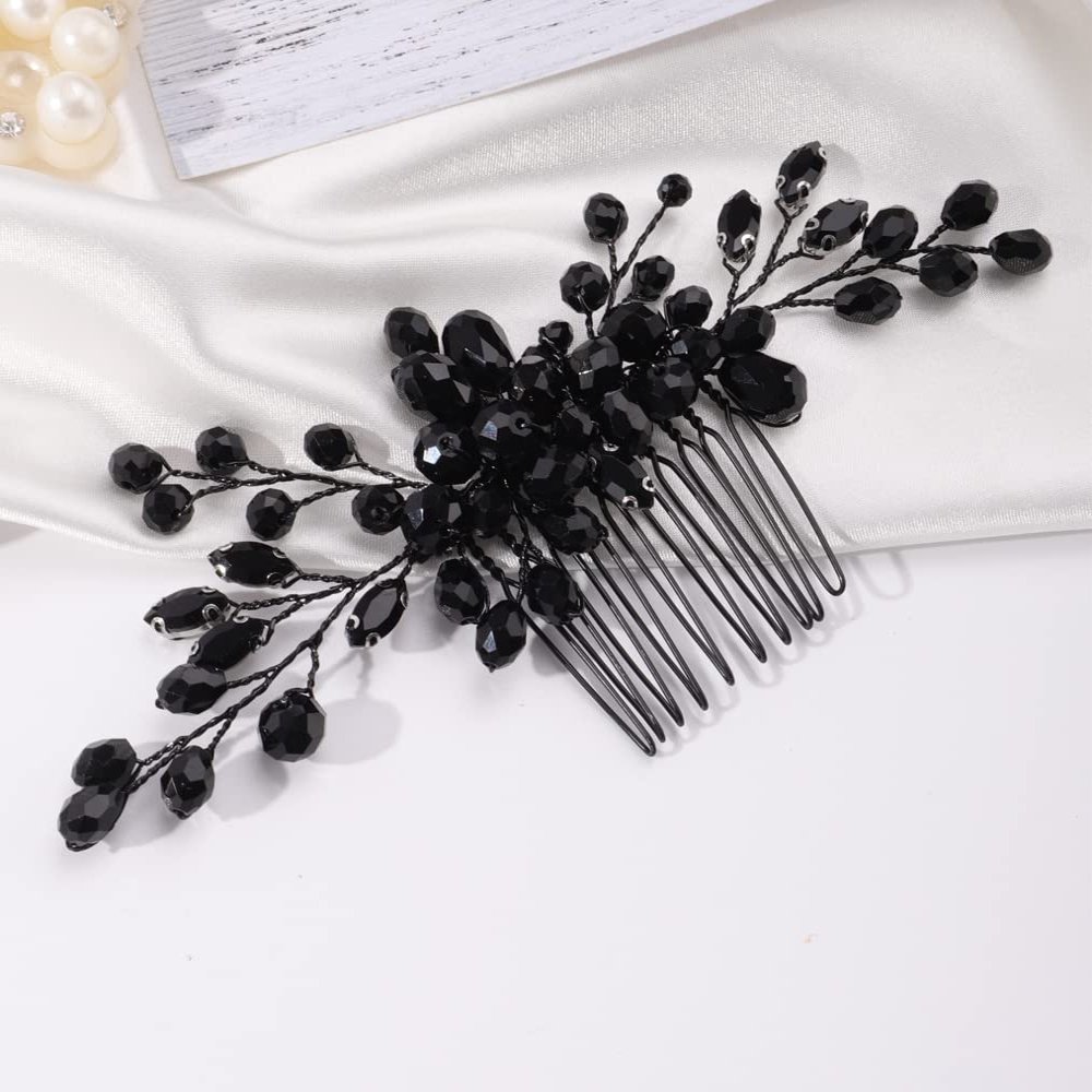 Missgrace Women Handmade Gothic Black Full Rhinestones Side Hair Comb Prom Party Special Occasion Punk Headpiece Black Women Rhinestones Hair Accessories for Women Gilrs (Black 5)