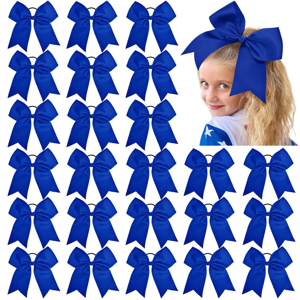 24 PCS 8" Large Cheer Bows Blue Girl Hair Bows Cheerleading Softball Team Bow Hair Accessories for cheerleaders football Competition Sports