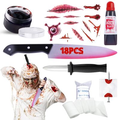 18Pcs Halloween Fake Knife Makeup Cosplay Costumes Accessories, 12in Halloween Plastic Fake Bloody Knife for Vampire Zombie Costume Face Body Paint Mardi Gras Easter Horror Party Carnival Makeup Props