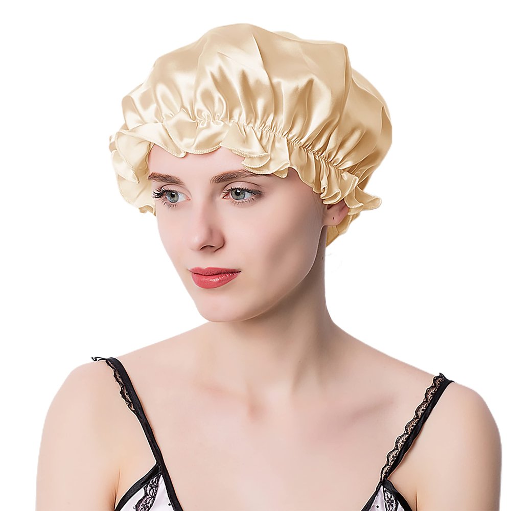 Alidamo Mulberry Silk Sleep Cap for Women Hair Care Bonnet Night Cap Soft Natural with Elastic Champagne L