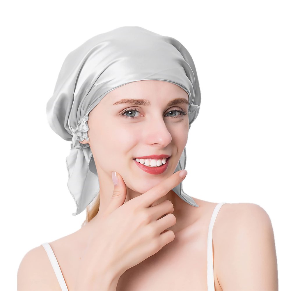 Alidamo Mulberry Silk Sleep Cap for Women Hair Care Bonnet Night Cap Natural Soft with Elastic Silver