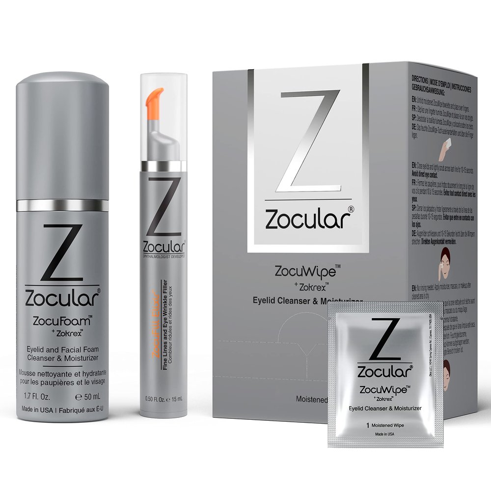 Zocuwipe Eyelid Wipes Eyelid Cleanser and Moisturizer Pads 40ct + Zocufill Elixir Eye Gel and Face Serum + Zocufoam Cleanser Bundle