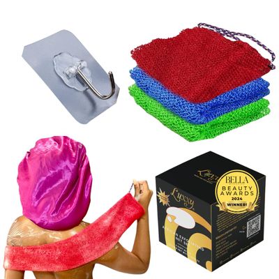 Luxxy | 3 Pack Set 2 Soft African Exfoliating Nets & 1 Rough African Net Sponge with Handles For The Back, Neck or Feet, Black Women Owned, Achieve Smooth Soft Silky Skin, For Daily Use & Great Gifts