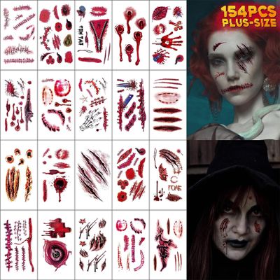 154 PCS Halloween Scar Temporary Tattoos - Horror Zombie Makeup Realistic Fake Bloody Wound Stitch Vampire Bite Waterproof Tattoo Stickers for Women Men Adult Kid Cosplay Party Masquerade Prank Prop