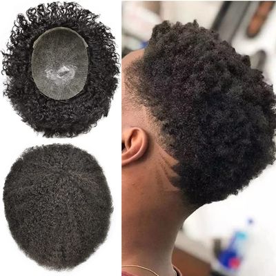 Afro Kinky Curly Toupee For Black Men Kinky Hair Weave for Men 8x10 Full Poly PU Thin Skin Mens Curly HairPiece Human Hair Replacement Toupee System For African American Natural Black (AFRO WAVE :8MM, #1B OFF BLACK(NATURAL BLACK))