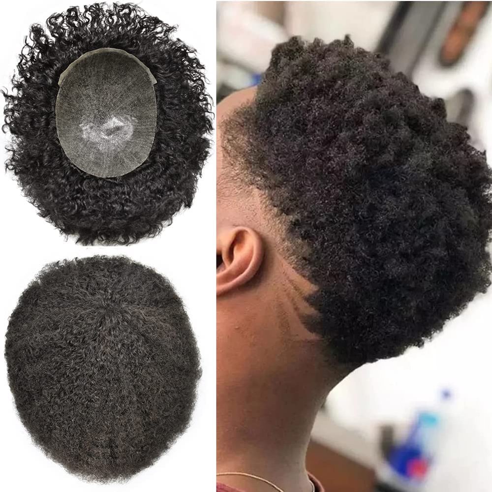 Afro Kinky Curly Toupee For Black Men Kinky Hair Weave for Men 8x10 Full Poly PU Thin Skin Mens Curly HairPiece Human Hair Replacement Toupee System For African American Natural Black (AFRO WAVE :8MM, #1B OFF BLACK(NATURAL BLACK))