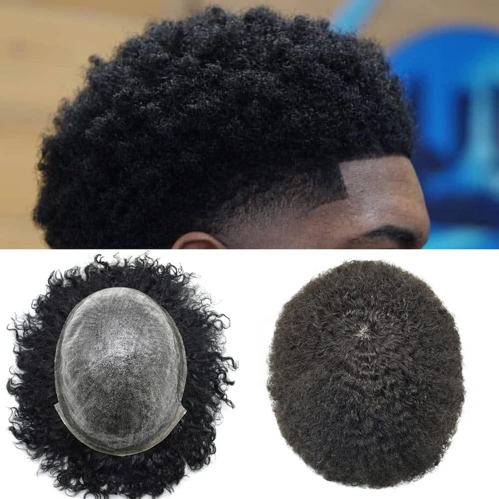 Afro Kinky Curly Toupee For Black Men Kinky Hair Weave for Men 8x10 Full Poly PU Thin Skin Mens Curly HairPiece Human Hair Replacement Toupee System For African American Jet Black 6mm (AFRO WAVE :6MM, #1 JET BLACK)