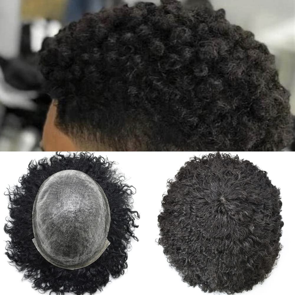 Afro Kinky Curly Toupee For Black Men Kinky Hair Weave for Men 8x10 Full Poly PU Thin Skin Mens Curly HairPiece Human Hair Replacement Toupee System For African American Natural Black (AFRO WAVE :10MM, #1 JET BLACK)