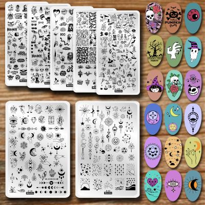 7pcs Star Moon Halloween Design Stamping Plates Nail Art Kit Starry Galaxy Night Sky Large Nail Stamp Templates Skull Ghost Witch Pumpkin Nail Stamper Plate Heart Sun Spider Bat Printing Nail Stencils