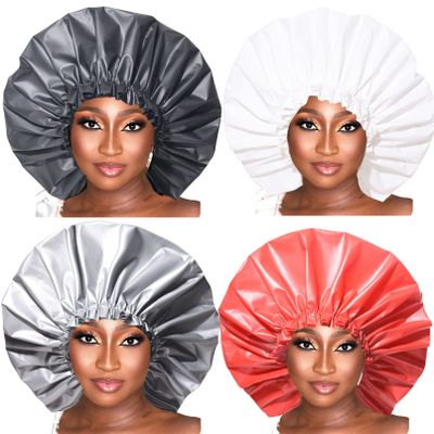 VEABEST jumbo eatra large shower cap for women reusable waterproof, 2 Packs adjustable shower cap bath hair cap for women thick, long hair, locs, braids (Black White Grey Red)