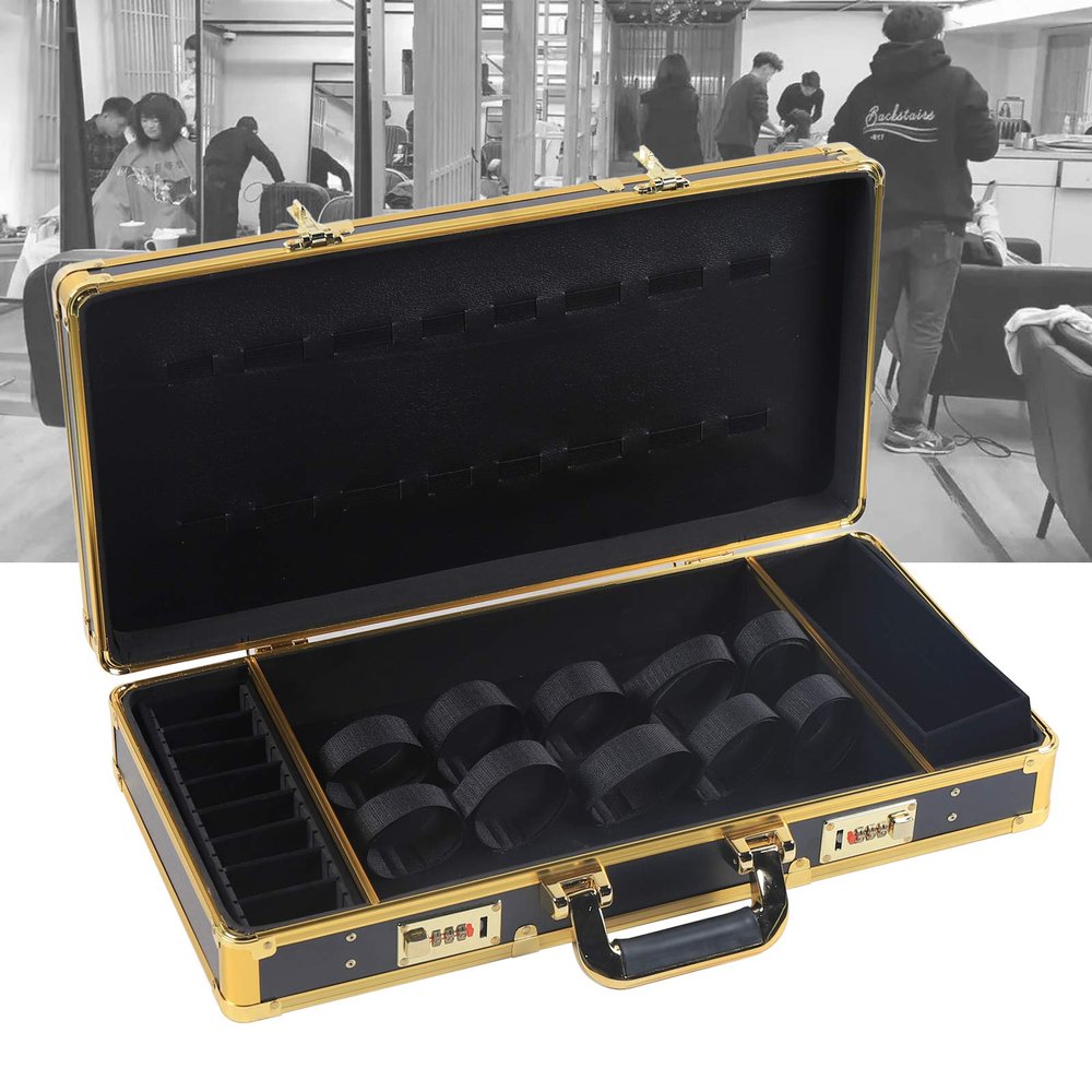 Barber Case Stylist Suitcase, Hair Stylist Tool Kits Organizer, Professional Barber Travel Carry Case for Hair Scissors Tools, Barber Carrying Case with Code Lock, Black+Gold