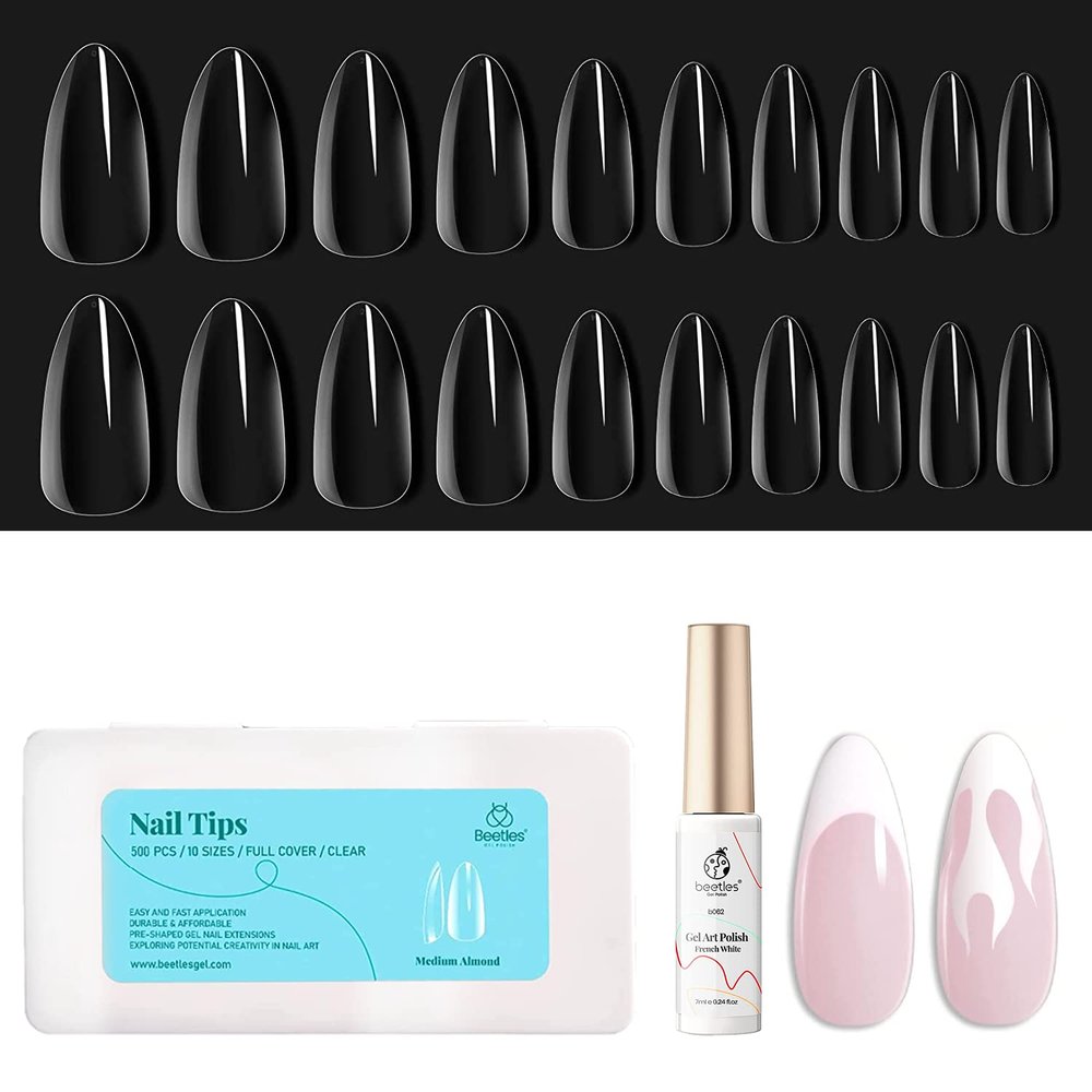 beetles Gel Polish Swirl Nail Art Gel Liner - 1 pcs 7ml Classic White Color and Gel Nail Tips Kit 500Pcs Clear Full Cover Medium Almond Pre