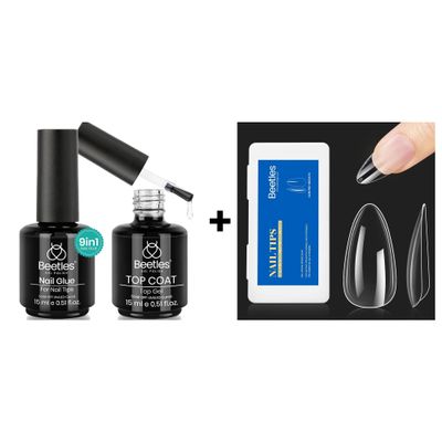 beetles Gel Polish 2 in 1 Nail Glue Base Gel and No Wipe Top Coat Kit and Gel Nail Tips Kit 500Pcs