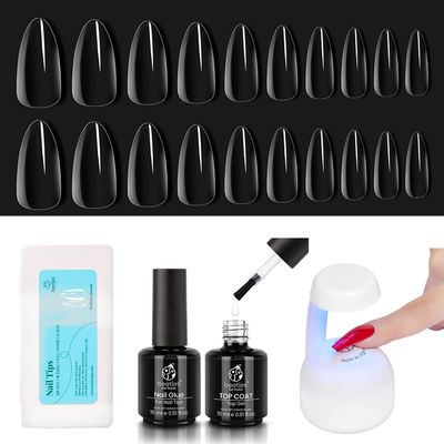 beetles Gel Polish 2 in 1 Nail Glue Base Gel and No Wipe Top Coat Kit,and Gel Nail Tips Kit 500Pcs,and Mini Nail LED Lamp