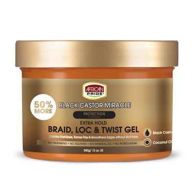 African Pride Black Castor Miracle Extra Hold Braid, Loc, Twist Gel - Extreme Hold Braiding Hair Gel, Edge Control & Tames Frizz, No Flake | Natural Ingredients, Black Castor & Coconut Oil | 12oz