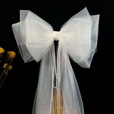 Wedding Headpieces White Bow-Knot Women Barrette Beaded Pearls Bridal Headpiece Wedding Hair Clip Accessories Handmade Yarn Wedding Hair Accessories