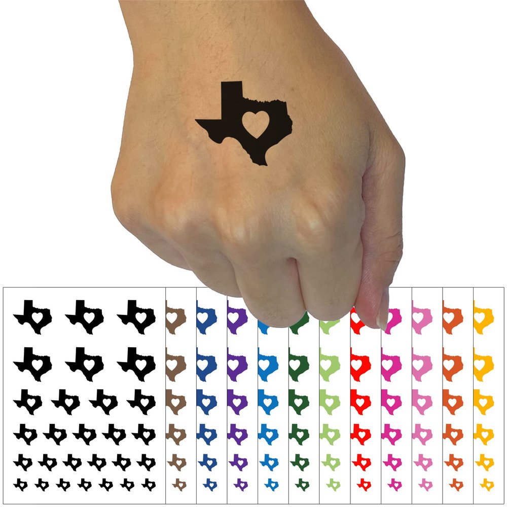 Texas State with Heart Temporary Tattoo Water Resistant Fake Body Art Set Collection - Black (One Sheet)